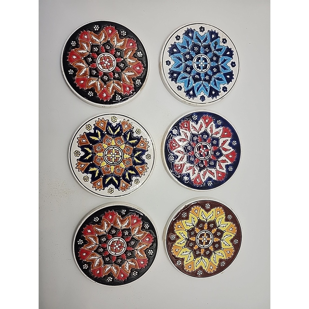 GORGEOUS HANDMADE 6 COASTER‎ SET BY NIARCHOS MADE IN GREECE MARKED CERAMIC TILES